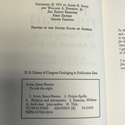 To Rule the Night - James B. Irwin - 2nd Printing - Signed - 1973