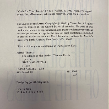 The Silence of the Lambs - Thomas Harris - First Edition - Missing Front Facing End Papers - 1988