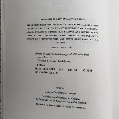 The Five Bells and Bladebone - Martha Grimes - 2nd Print, Signed - 1987