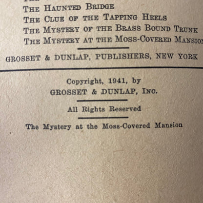 The Mystery of the Moss-Covered Mansion - Carolyn Keene - 1st Edition - 1941