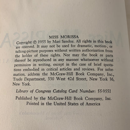 Miss Morissa: Doctor of the Gold Trail - Mari Sandoz - Book Club Edition - 1955