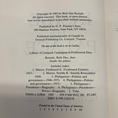Inside the Palace - Beth Day Romulo - Signed by Imelda Marcos - 1st Edition - 1987