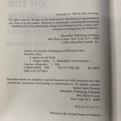 A Season on the Brink - John Feinstein - Signed - 1986