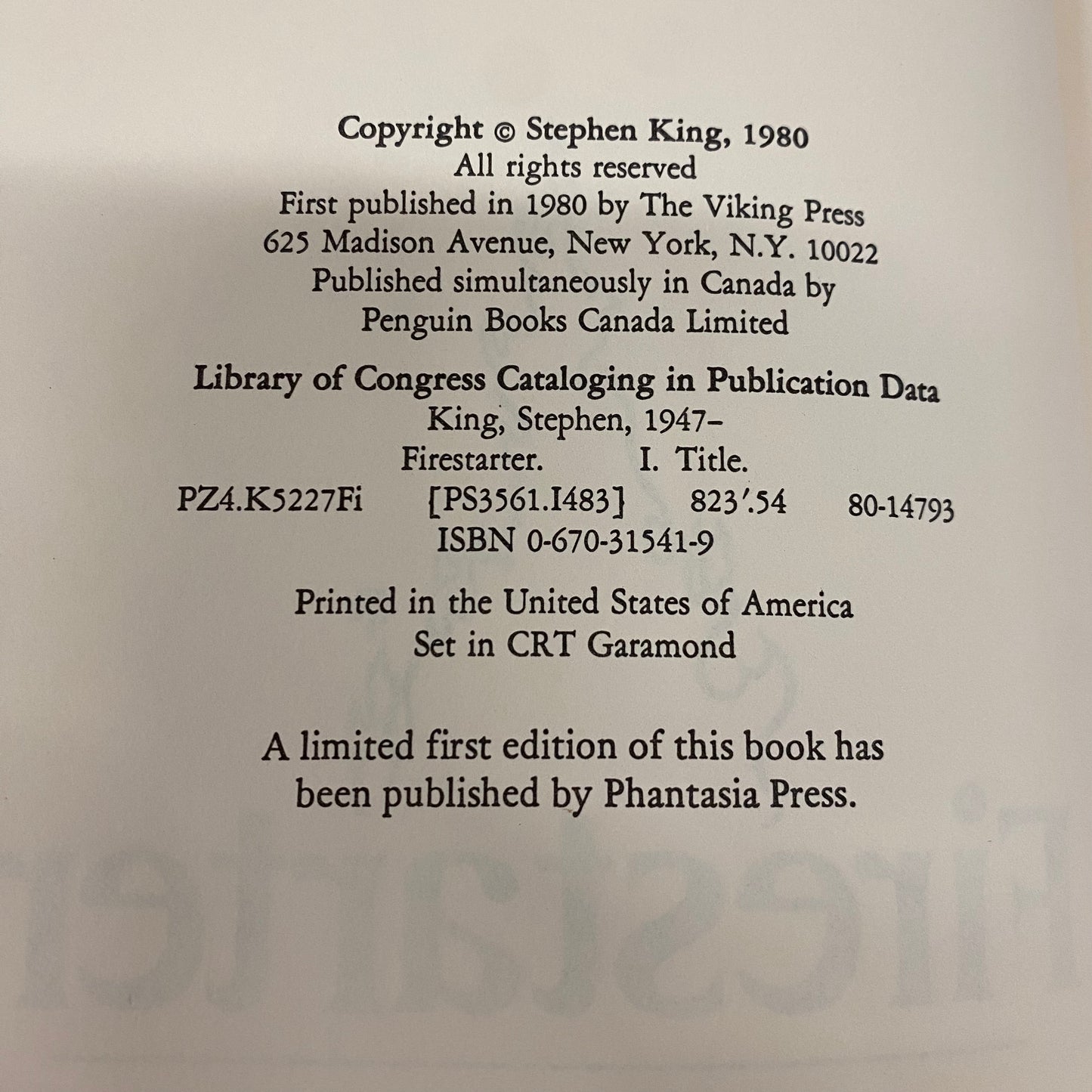Firestarter - Stephen King - 1st Edition - 1980